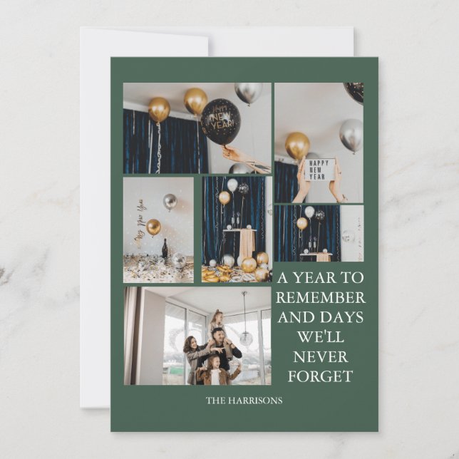A year to remember 6 photo collage green holiday card (Front)