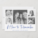 A Year to Remember | Blue Minimalist Photo Grid Holiday Card<br><div class="desc">This stylish and simple holiday card says "A Year to Remember" in blue trendy, handwritten script typography. Add five of your favourite photos to the multi photo grid, along with your name and a short holiday or happy new year greeting. The back of the card has a modern striped pattern....</div>