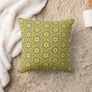 A yellow and blue Indian lattice flower pattern Cushion