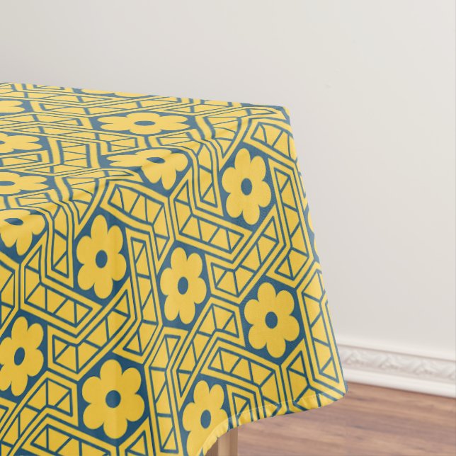 A yellow and blue Indian lattice flower pattern  Tablecloth (In Situ)