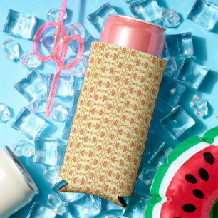 a yellow and white background with an intricate de seltzer can cooler