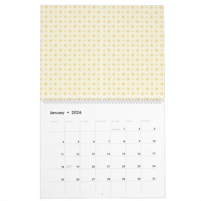a yellow and white background with small circles calendar (Jan 2026)