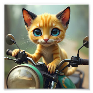 A yellow cat with black ears and big blue eyes on photo print