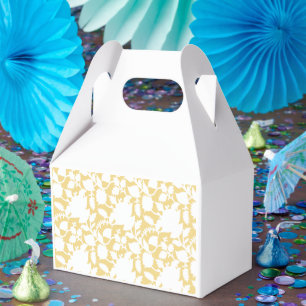 A yellow rug with a repeating motif pattern resemb favour box