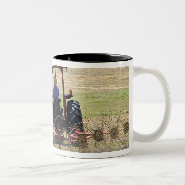 A young boy driving a tractor harvesting Two-Tone coffee mug (Right)