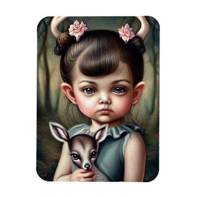 A young girl holding a deer in her arms magnet (Vertical)