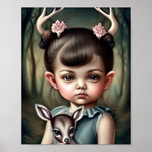 A young girl holding a deer in her arms poster