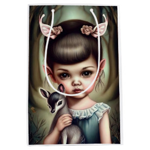 A young girl holding a deer medium gift bag