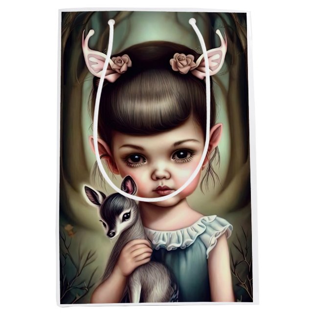 A young girl holding a deer medium gift bag (Front)