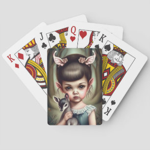 A young girl holding a deer playing cards
