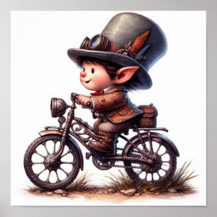 A Young Happy Child Riding a Steampunk Bicycle Poster