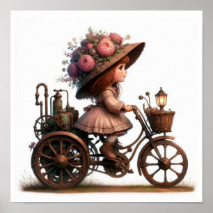 A Young Happy Child Riding a Steampunk Bicycle Poster
