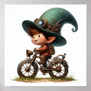 A Young Happy Child Riding a Steampunk Bicycle Poster