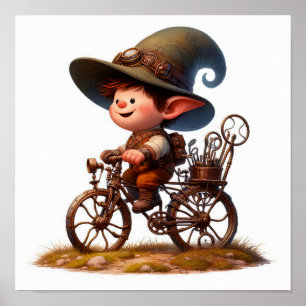 A Young Happy Child Riding a Steampunk Bicycle Poster