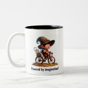 A Young Happy Child Riding a Steampunk Bicycle Two-Tone Coffee Mug