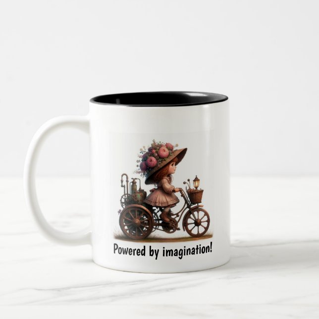 A Young Happy Child Riding a Steampunk Motorbike Two-Tone Coffee Mug (Left)