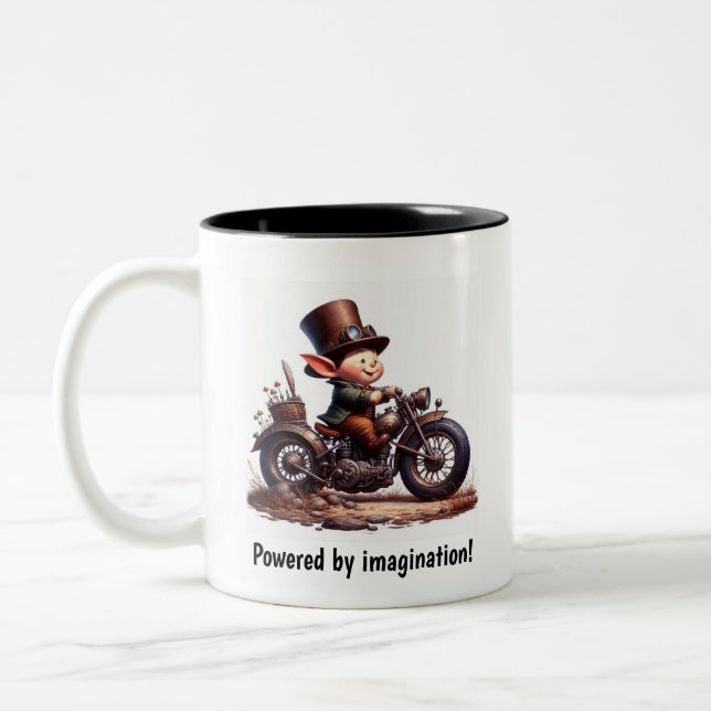 A Young Happy Child Riding a Steampunk Motorbike Two-Tone Coffee Mug (Left)