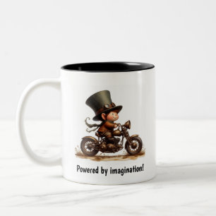 A Young Happy Child Riding a Steampunk Motorbike Two-Tone Coffee Mug
