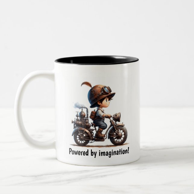 A Young Happy Child Riding a Steampunk Motorbike Two-Tone Coffee Mug (Left)