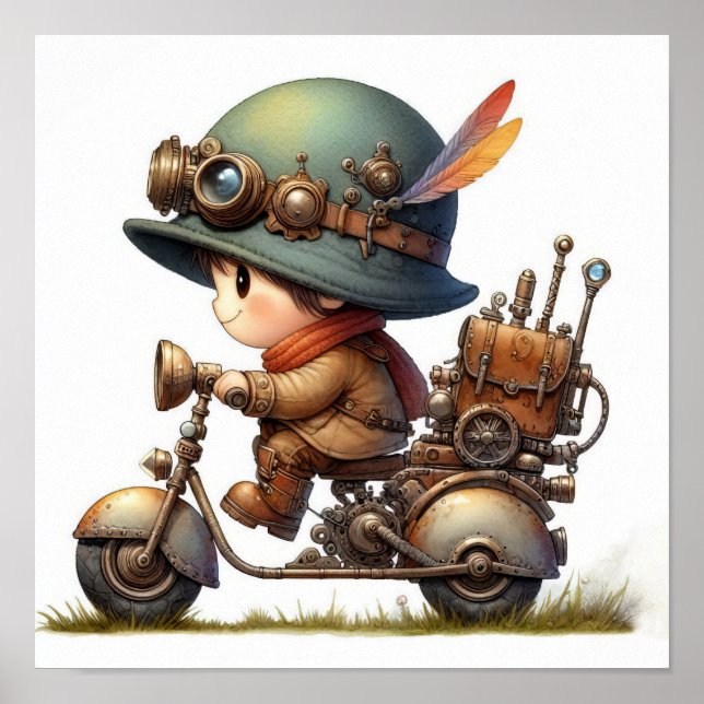 A Young Happy Child Riding a Steampunk Scooter Poster (Front)