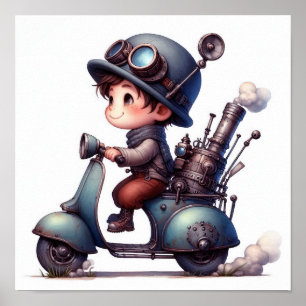A Young Happy Child Riding a Steampunk Skooter Poster