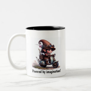 A Young Happy Child Riding a Steampunk Skooter Two-Tone Coffee Mug