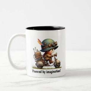 A Young Happy Child Riding a Steampunk Skooter Two-Tone Coffee Mug