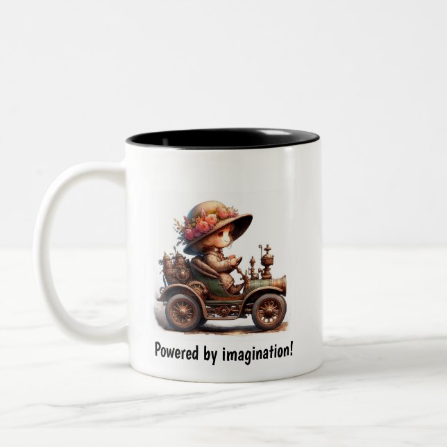 A Young Happy Child Riding a Steampunk Vehicle Two-Tone Coffee Mug (Left)