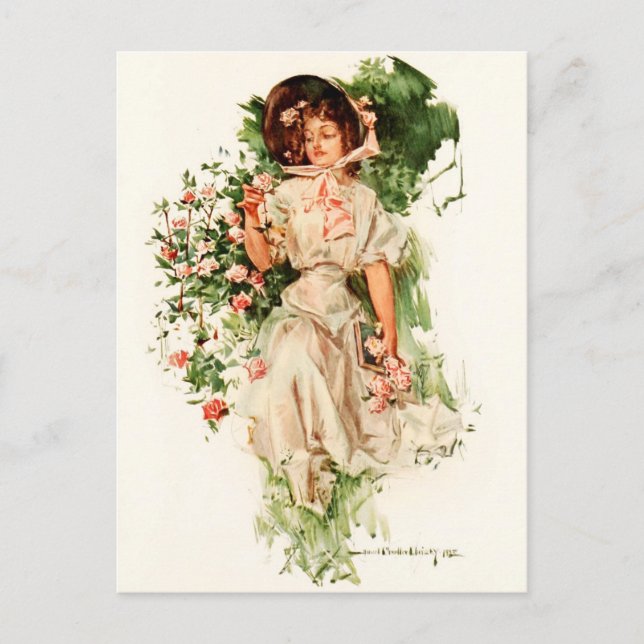 A Young Lady Picking Roses Postcard (Front)