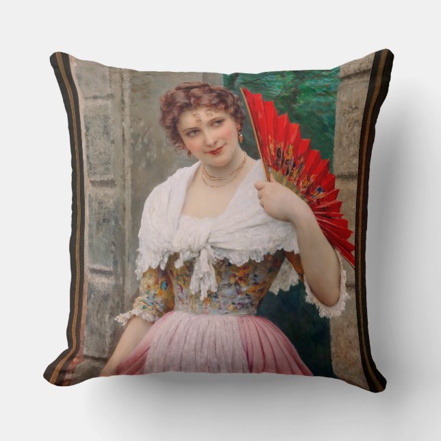 A Young Lady with a Red Fan by Eugen von Blaas Cushion (Front)