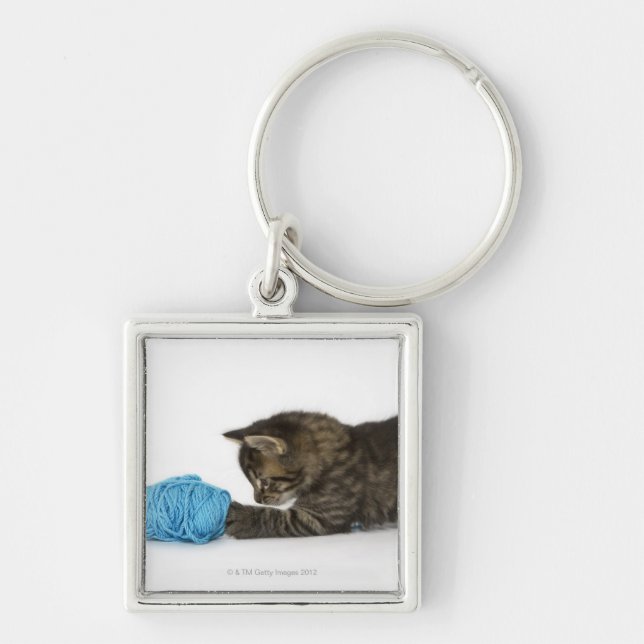 A young Tabby kitten playing with wool. Key Ring (Front)