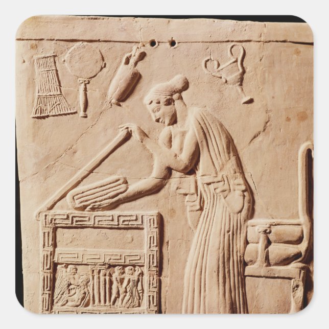 A young woman arranging her clothes in a square sticker (Front)