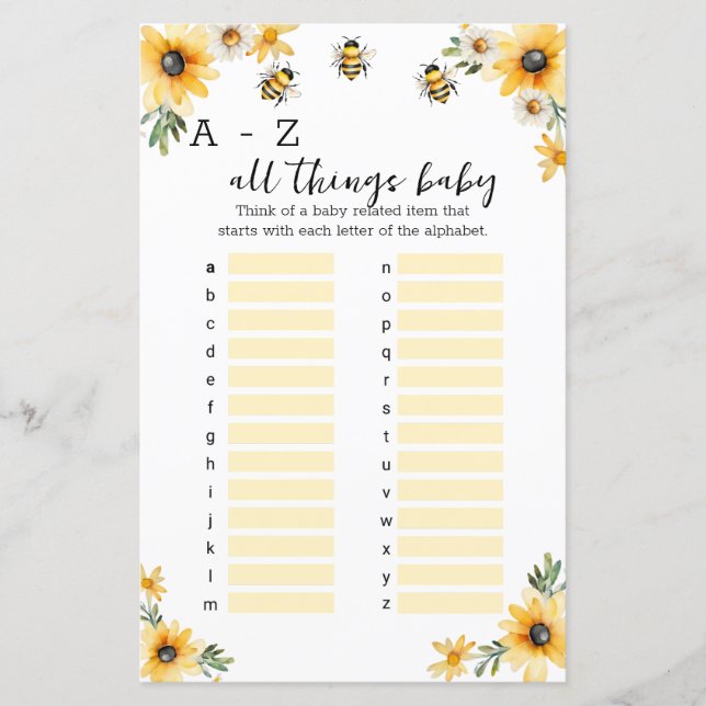 A-Z all things baby shower game (Front)