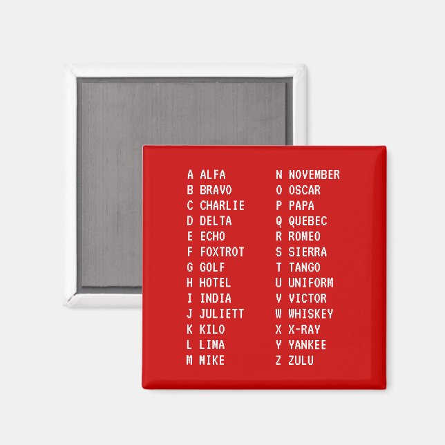 A-Z Flight Code Two-Column Phonetic Alphabet Red Magnet (Front/Back)