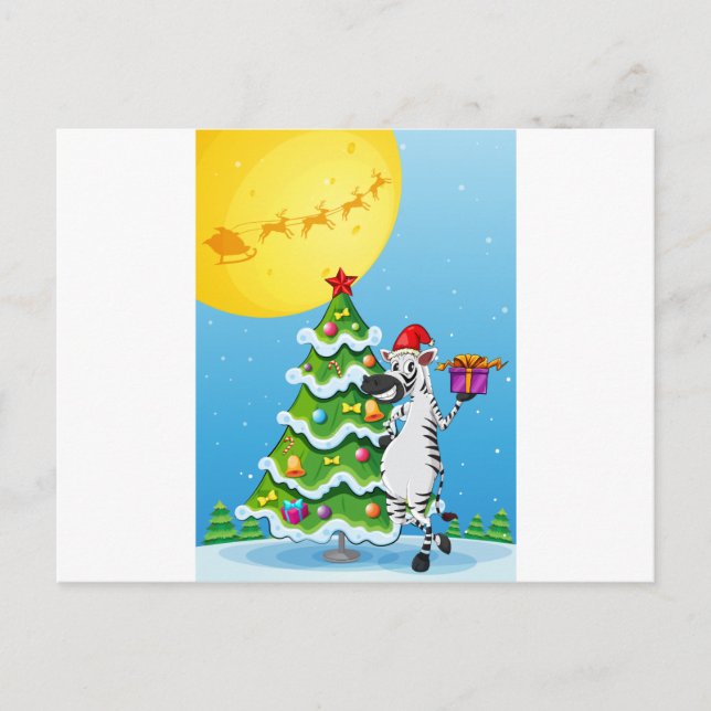 A zebra beside the tall christmas tree holiday postcard (Front)