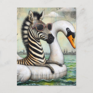 A Zebra on Vacation in a Floating Swan Postcard