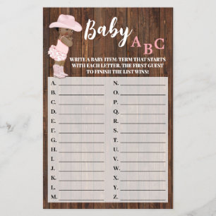 AA Cowgirl Baby ABC Baby Shower Game Card Flyer
