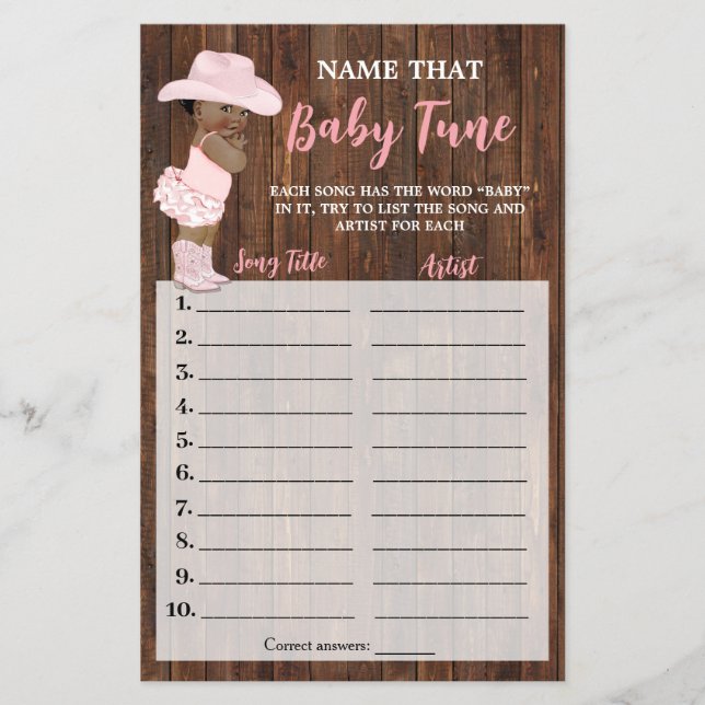AA Cowgirl Name that Baby Tune Shower Game Card (Front)