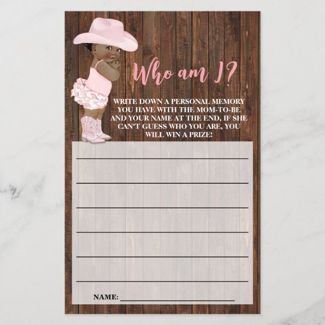 AA Cowgirl Who am I Baby Shower Game Card Flyer (Front)