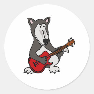 AA- Cute Wolf Playing Electric Guitar Cartoon Classic Round Sticker