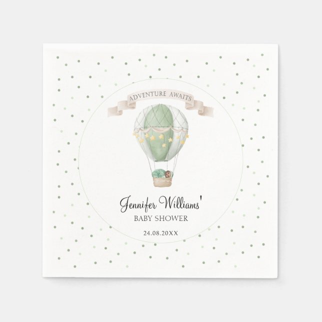 AA green hot air balloon baby shower paper napkins (Front)