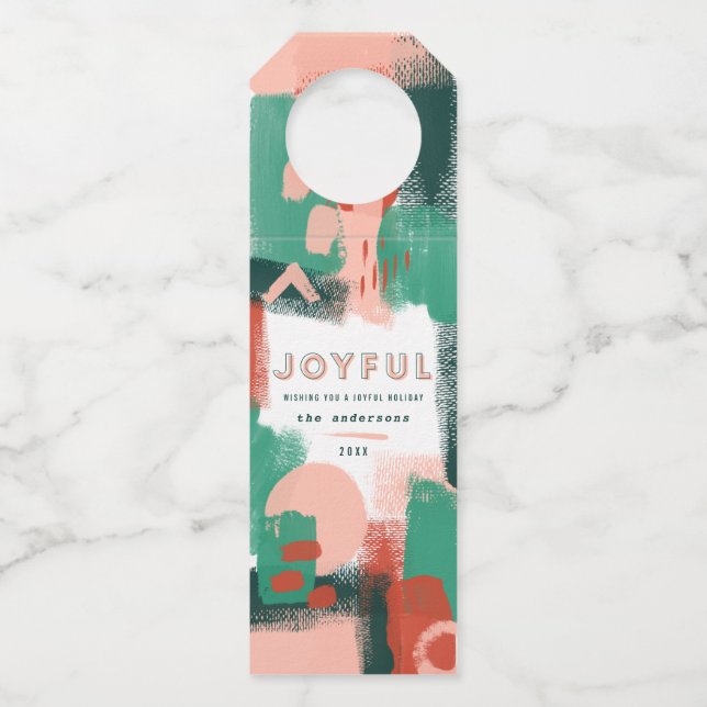 Aabstract red, pink + green joyful christmas bottle tag (Front)