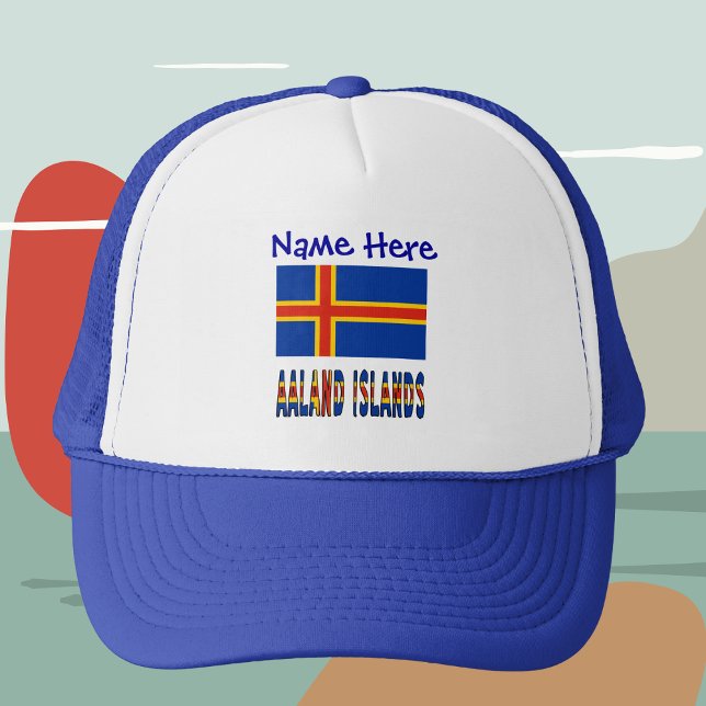 Aaland Islands Ålander Flag Blue Personalisation  Trucker Hat (Personalized trucker hat with the Ålander flag and the words AALAND ISLANDS below.)