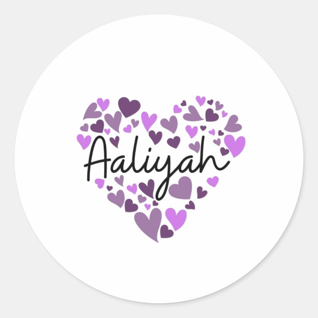 Aaliyah, purple hearts classic round sticker (Front)