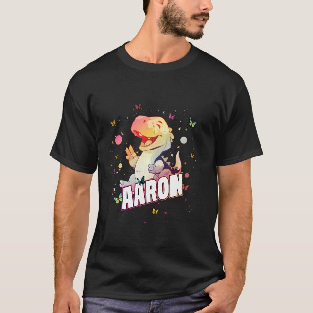 AARON - Cute Boy Name with cute Dinosaur T-Shirt (Front)