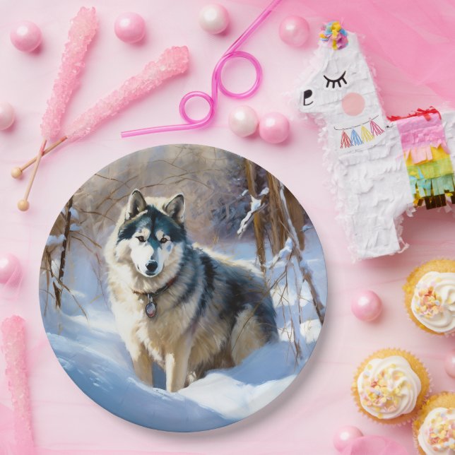 Aaskan Malamute Let It Snow Christmas Paper Plate (Party)