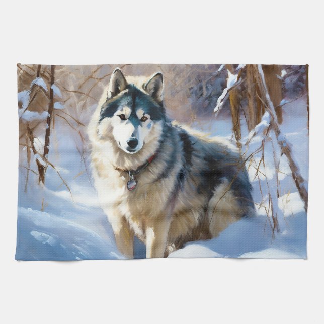 Aaskan Malamute Let It Snow Christmas Tea Towel (Horizontal)