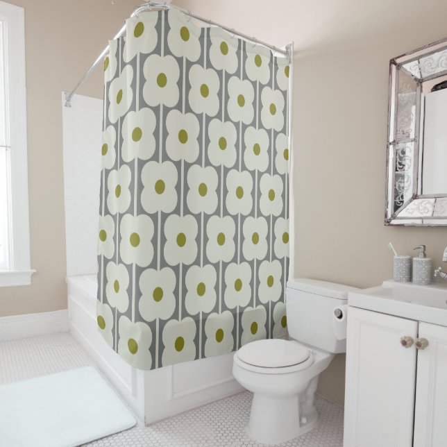 Abacus Flower and small stem pattern white & Grey Shower Curtain (In Situ)