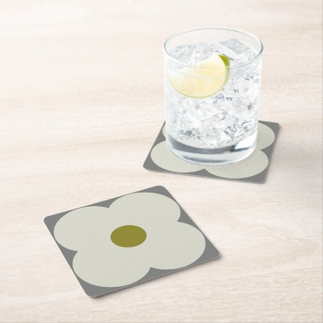 Abacus Flower and small stem pattern white & Grey Square Paper Coaster (Insitu)