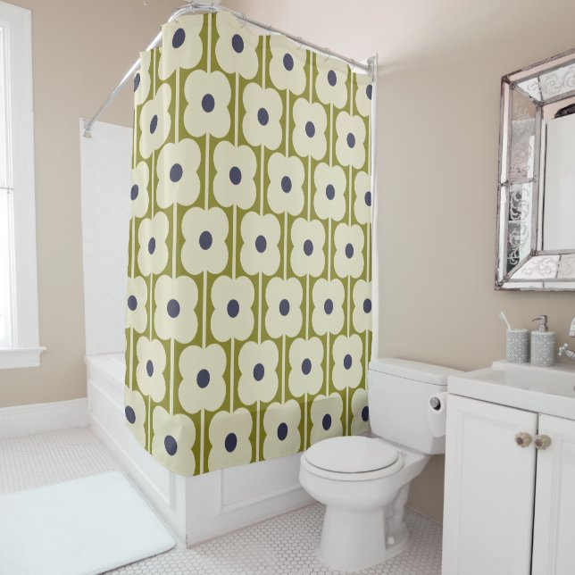 Abacus Flower Lined Eyelet Olive and Blue  Shower Curtain (In Situ)